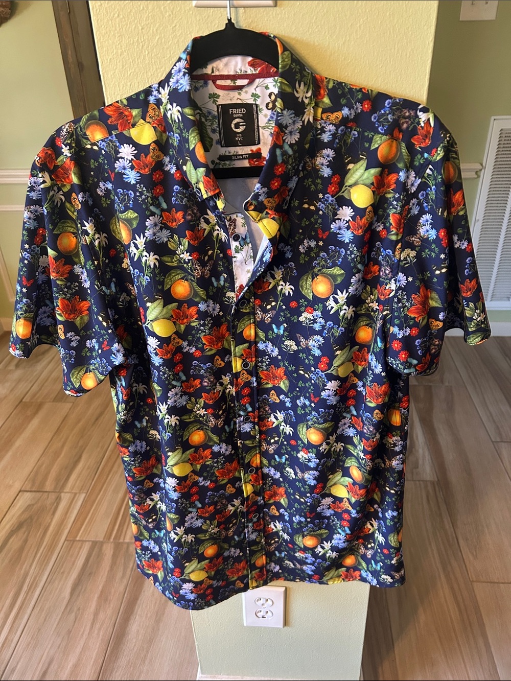 Fried Denim Navy Floral & Citrus Short-Sleeve Shirt - Size L - Slim Fit